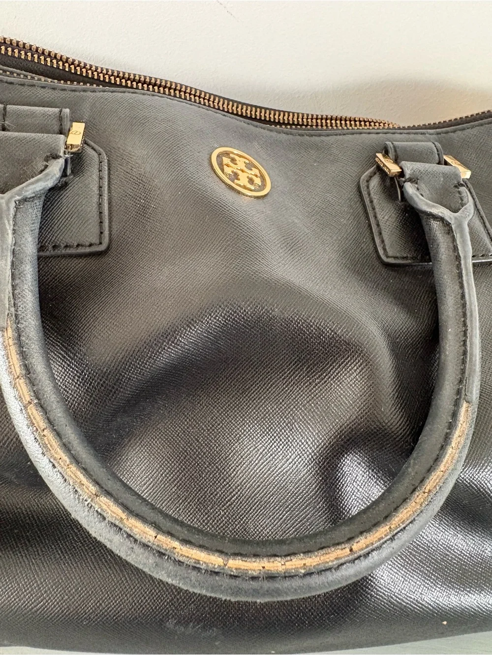 Tory Burch Black Leather Satchel with Gold Hardware